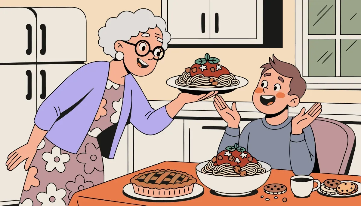 Illustration from the book: Grandma serving a heaping plate of spaghetti and pie to a grandson