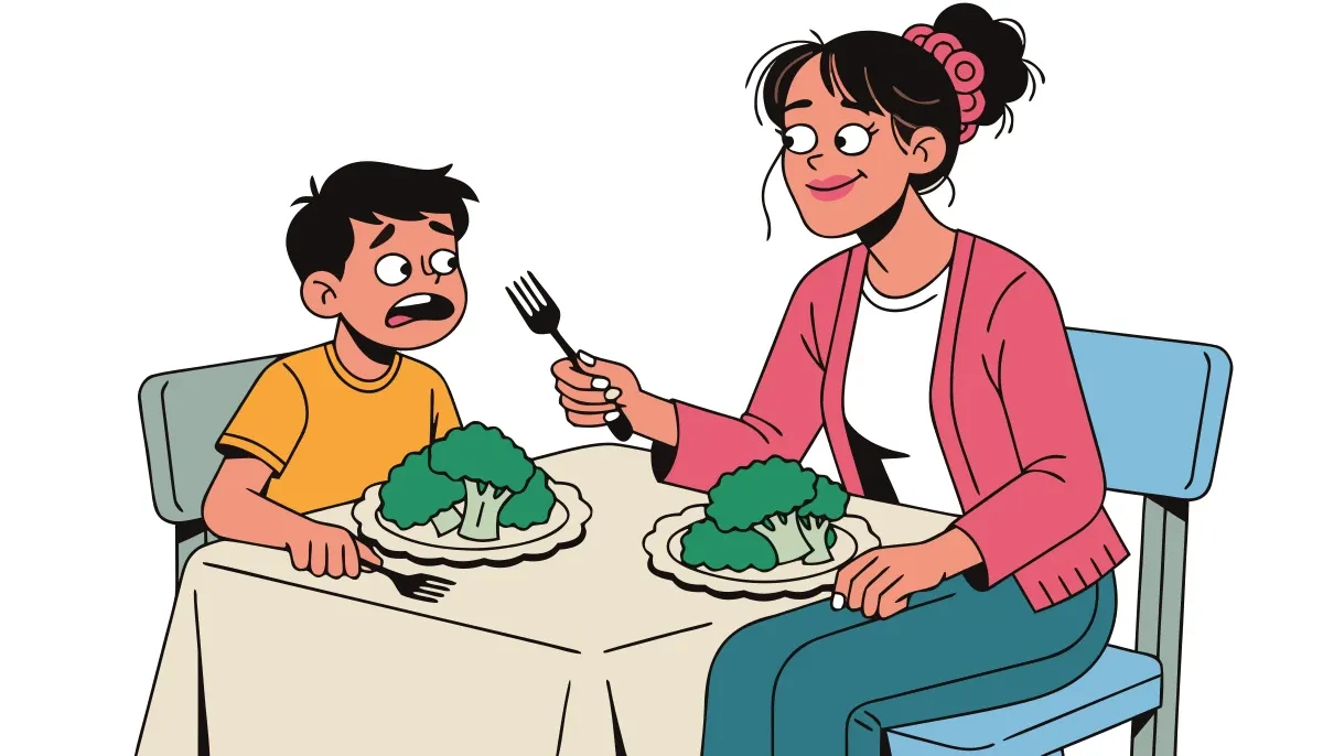 Illustration from the book: Mom at the dinner table watching a kid push broccoli around the plate