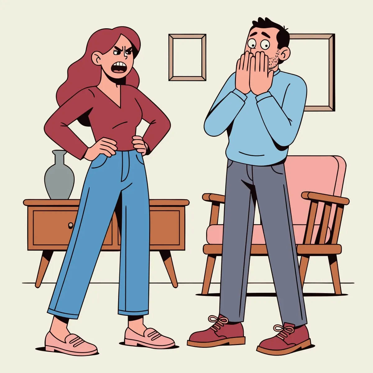 Illustration from the book: A husband covering his mouth after telling his wife to calm down