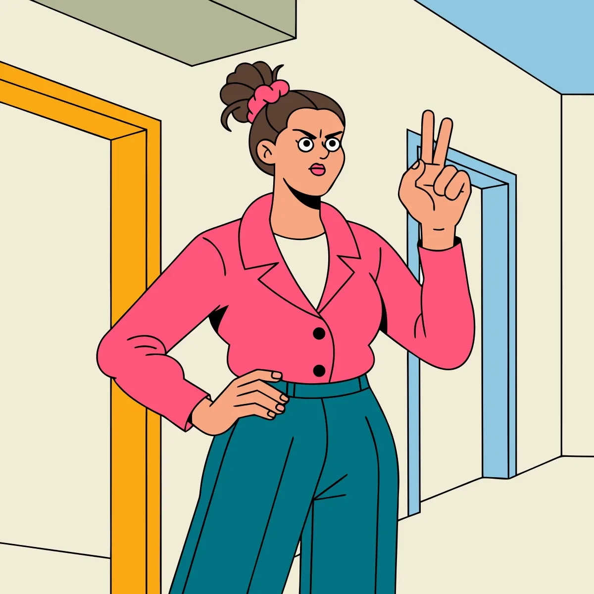 Illustration from the book: Mom with hand on hip, holding up two fingers mid-countdown