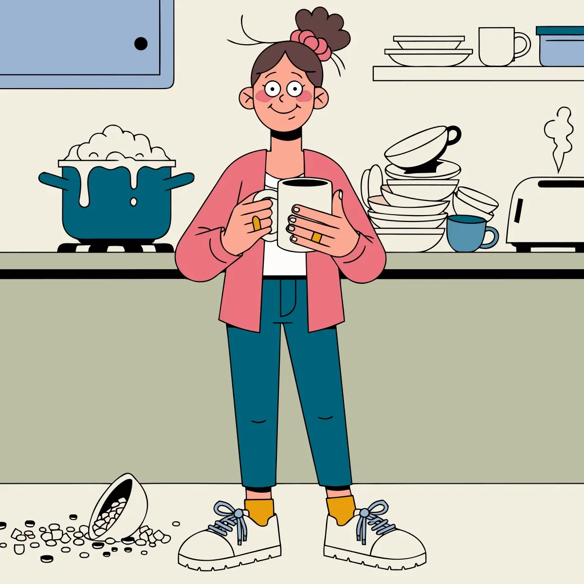 Illustration from the book: Mom in a messy kitchen, holding a mug, saying she is fine