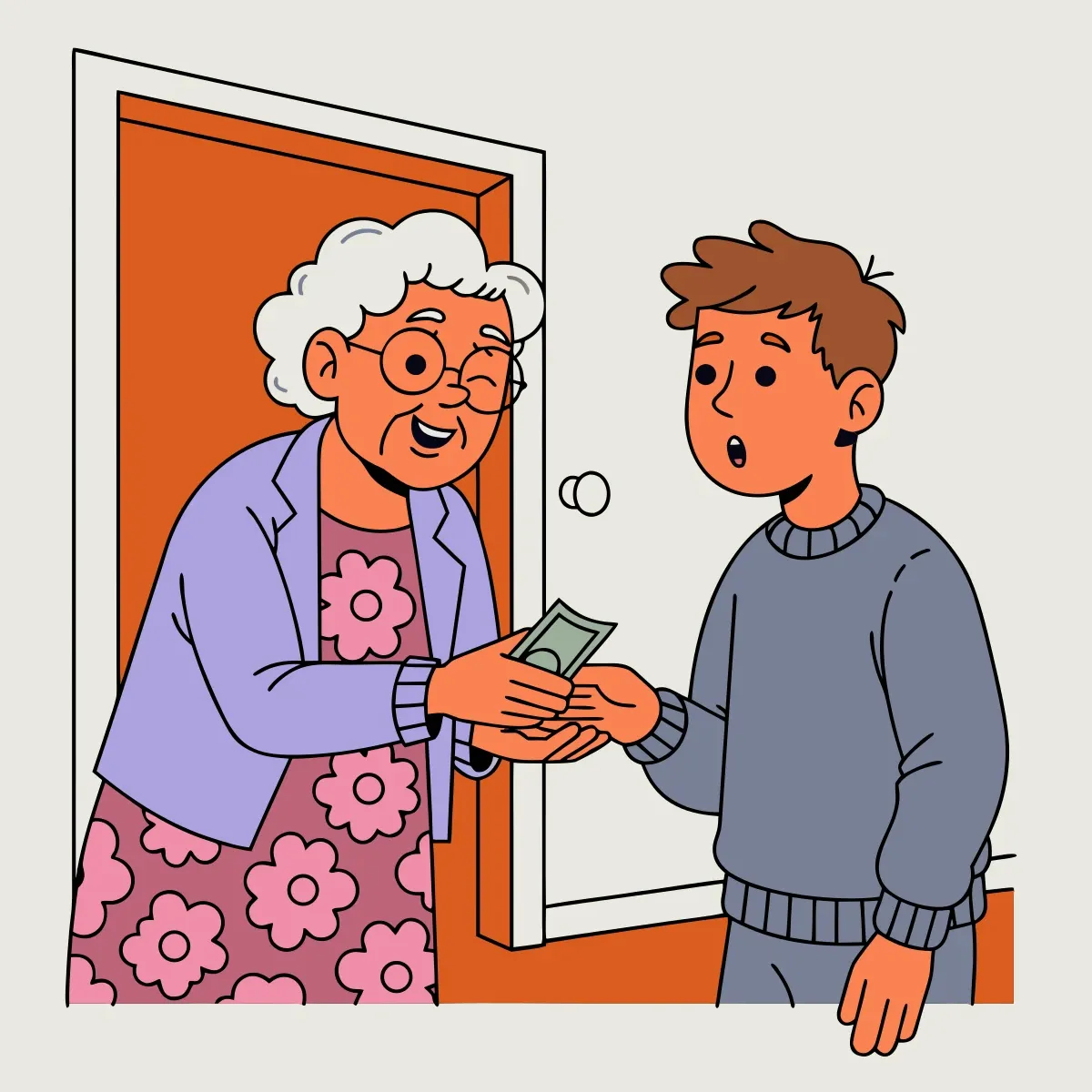 Illustration from the book: Grandma at the door slipping a folded bill into a grandson's hand