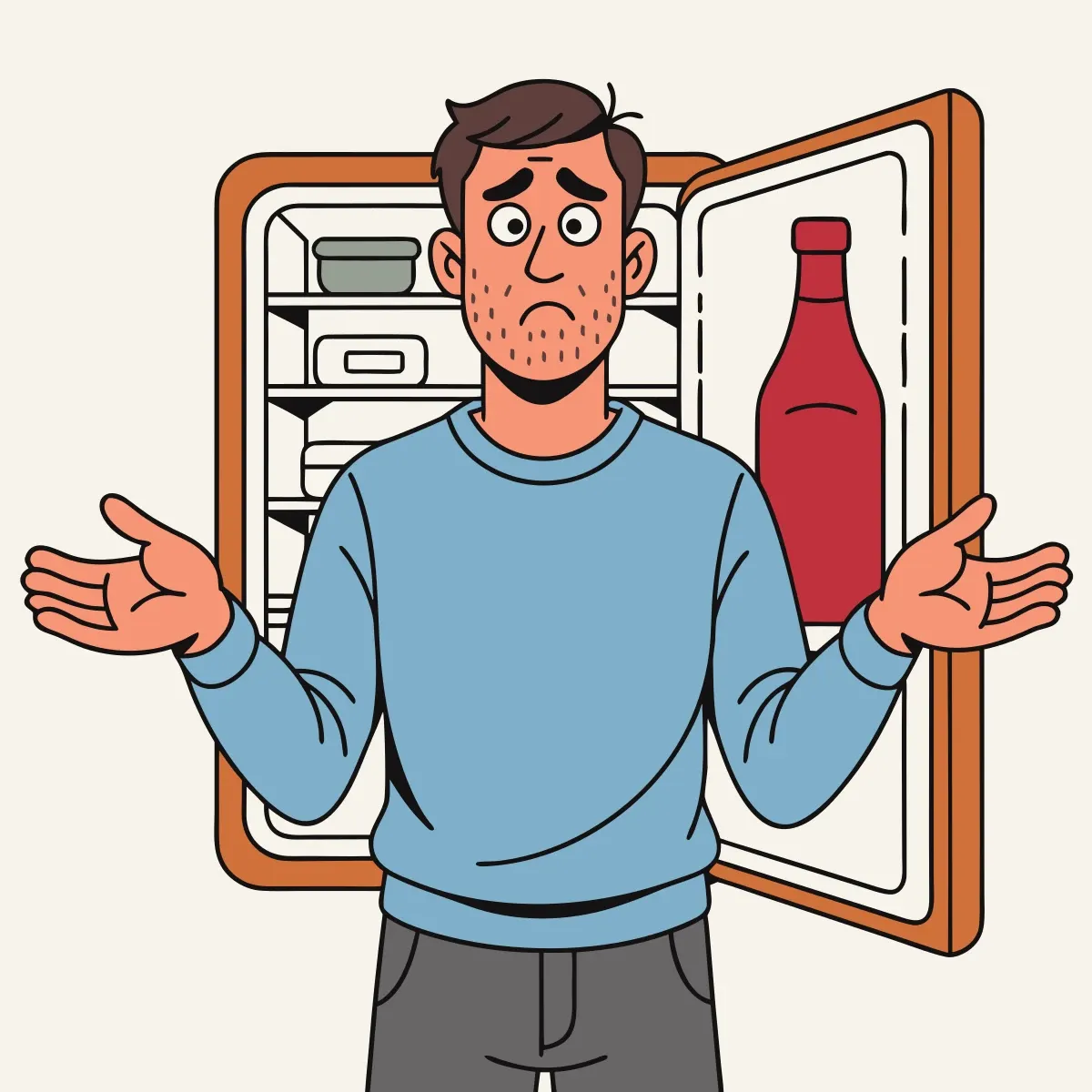 Illustration from the book: A husband shrugging at the open fridge, the ketchup right in the door
