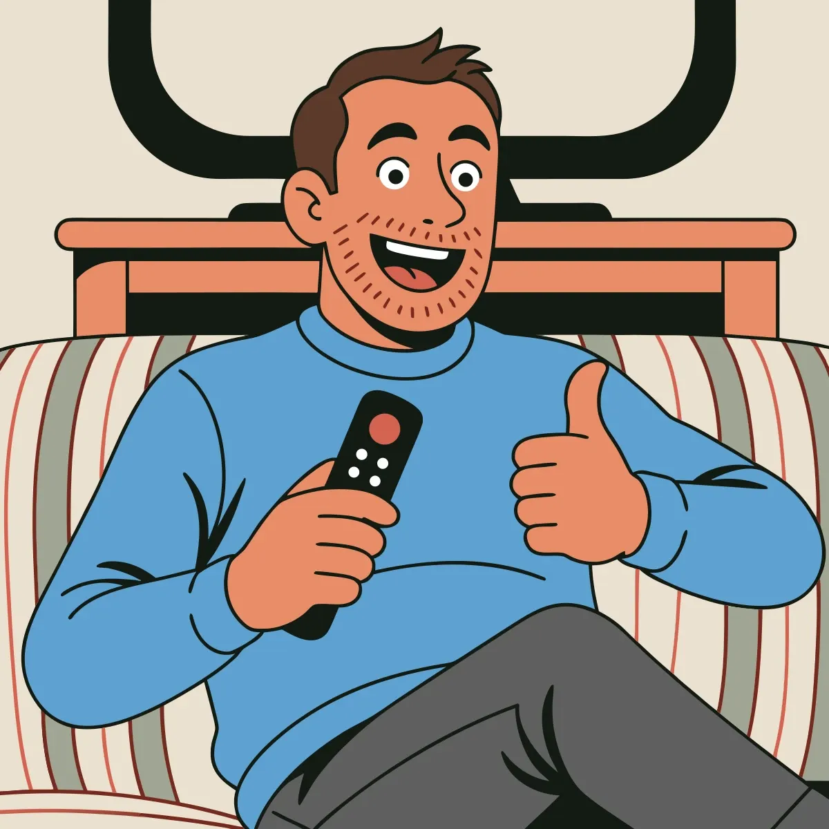 Illustration from the book: A husband on the couch with the remote, giving a thumbs up, definitely listening