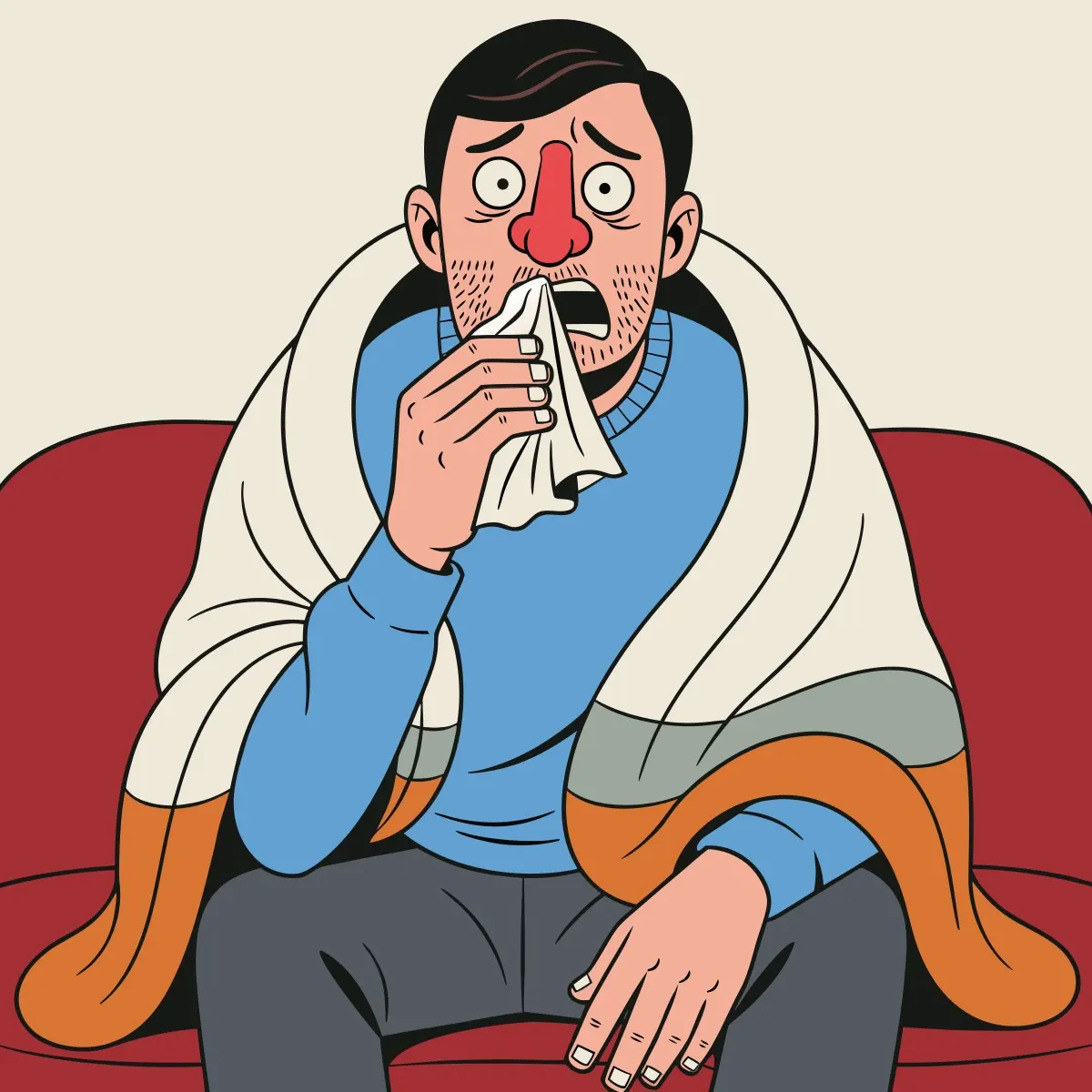 Illustration from the book: A husband wrapped in blankets with a tissue and a very red nose