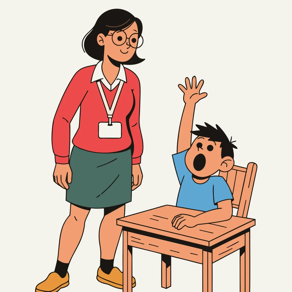 Illustration from the book: A student with his hand up, mid-question, as Teacher looks on
