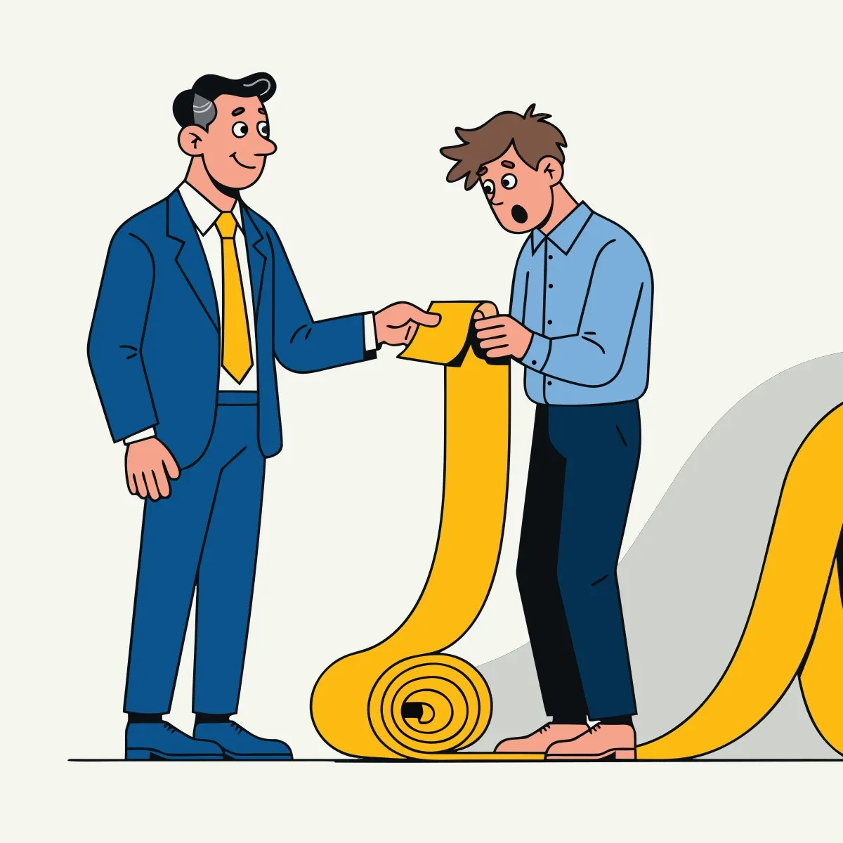 Illustration from the book: The boss handing an employee an endless scroll of paper for a quick ask