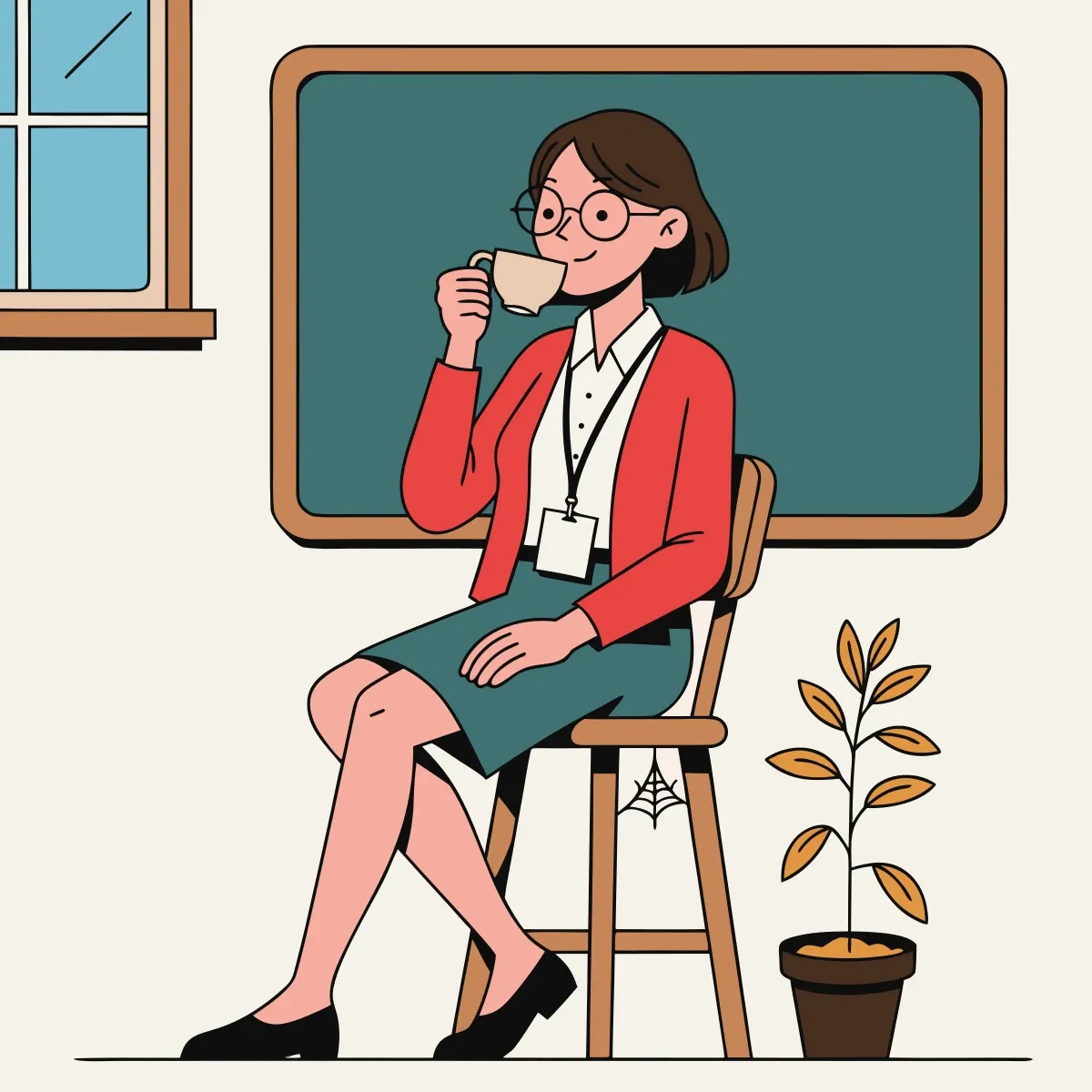 Illustration from the book: Teacher sitting on a stool with a coffee, calmly waiting for the class
