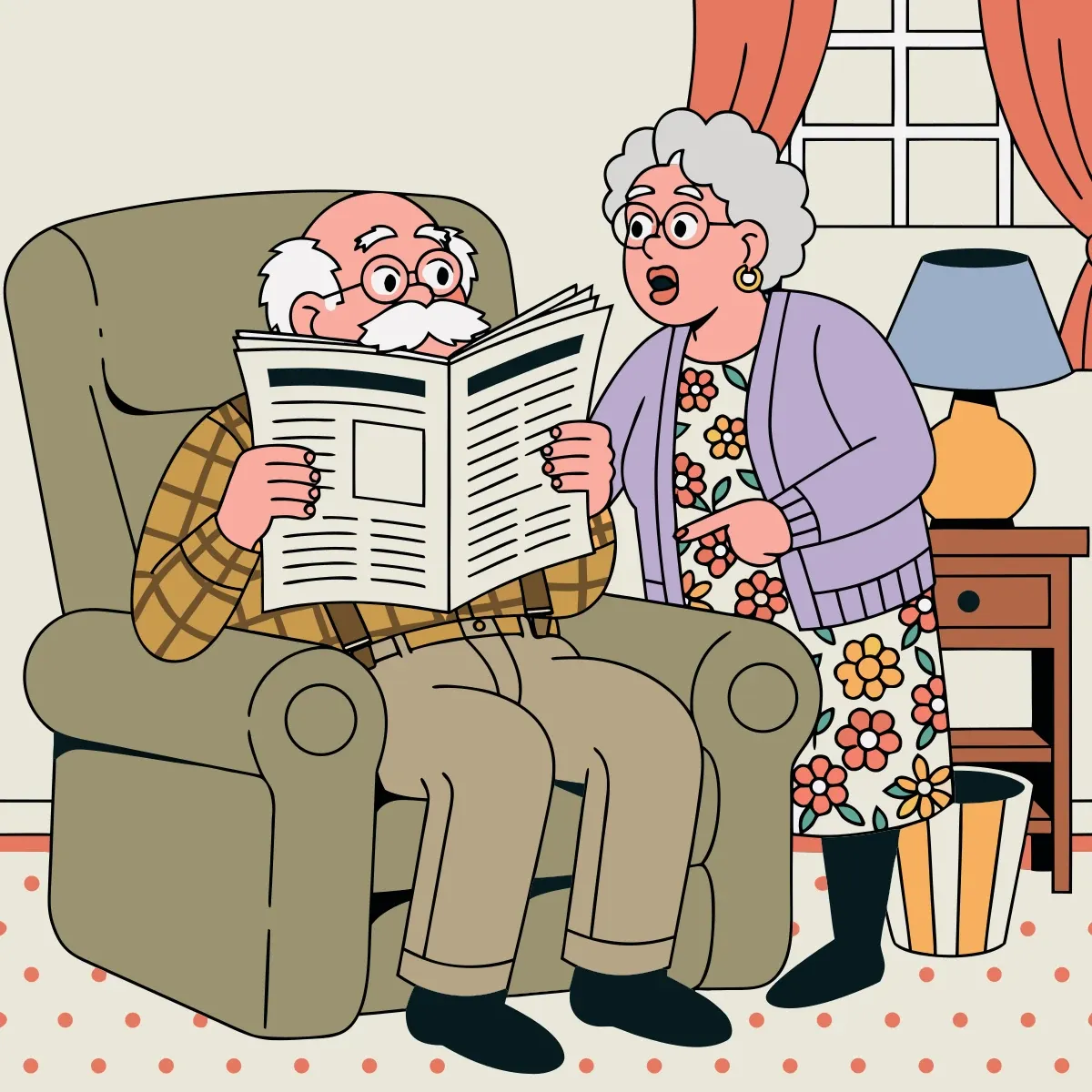 Illustration from the book: Grandpa in his armchair with the newspaper as Grandma talks, saying yes, dear