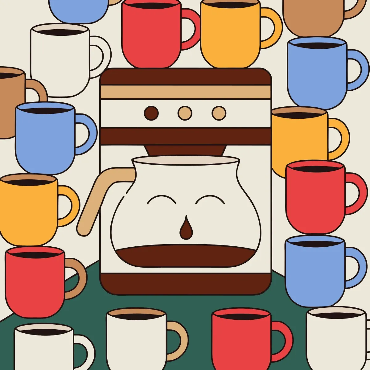 Illustration from the book: A coffee pot surrounded by dozens of teacher mugs