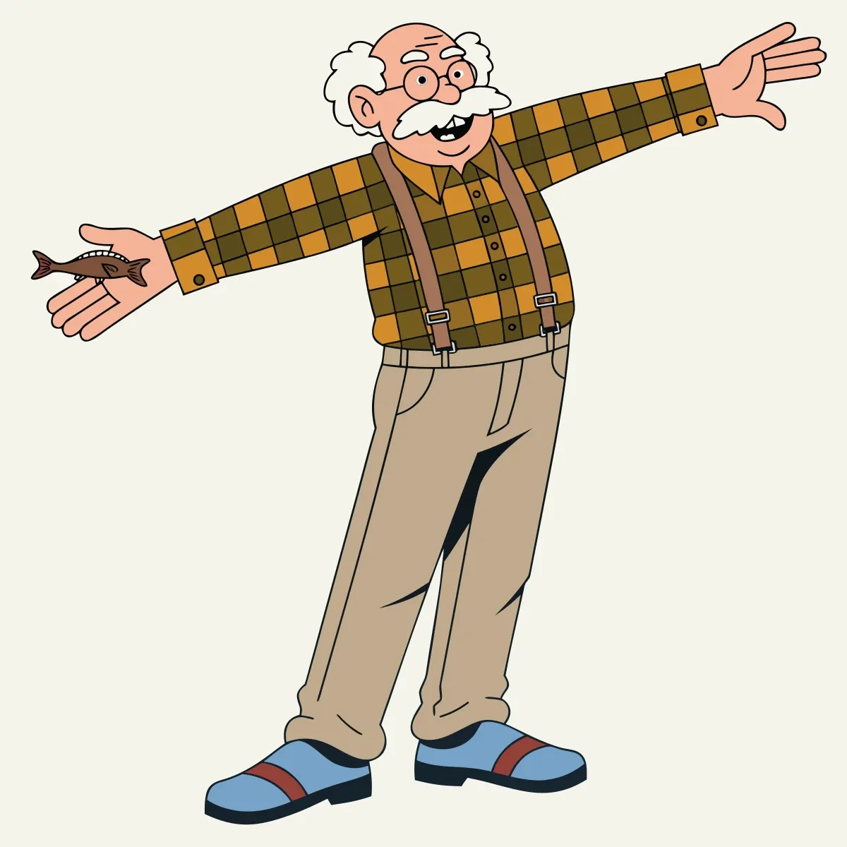 Illustration from the book: Grandpa with arms spread wide, showing how big the fish was