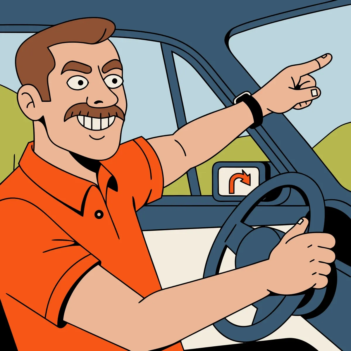 Illustration from the book: Dad at the wheel, pointing confidently the wrong way past the GPS