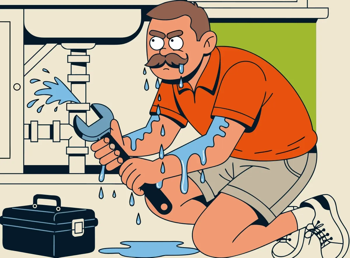 Illustration from the book: Dad under the sink with a wrench while water sprays everywhere
