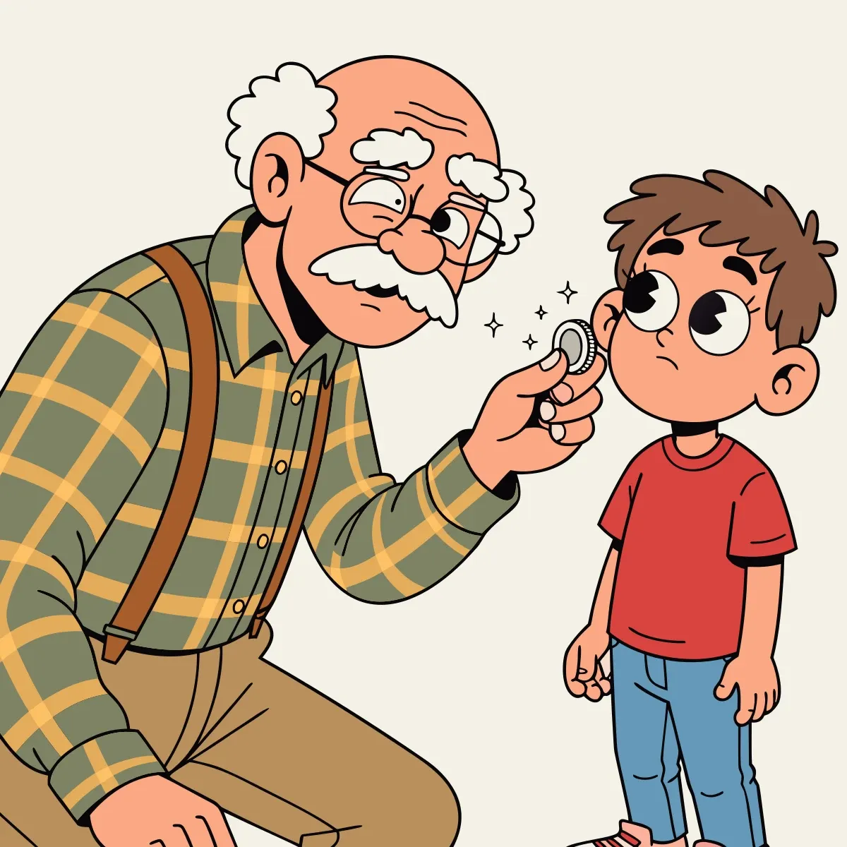 Illustration from the book: Grandpa pulling a quarter from behind a grandson's ear