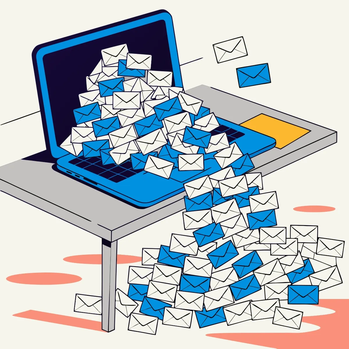 Illustration from the book: A laptop buried under an avalanche of reply-all emails