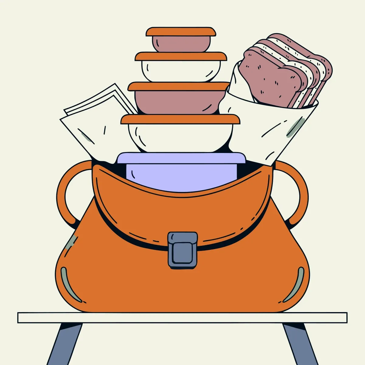 Illustration from the book: Grandma's purse stuffed with Tupperware containers