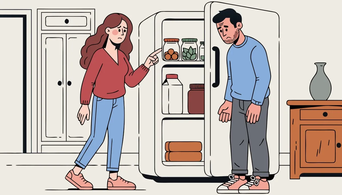 Illustration from the book: A husband staring into the open fridge while his wife points behind the milk